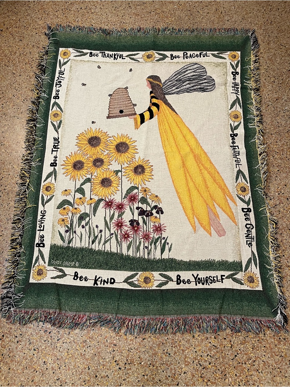 Vtg Bee Themed Woven Throw Blanket Tapestry Sunflower Angel